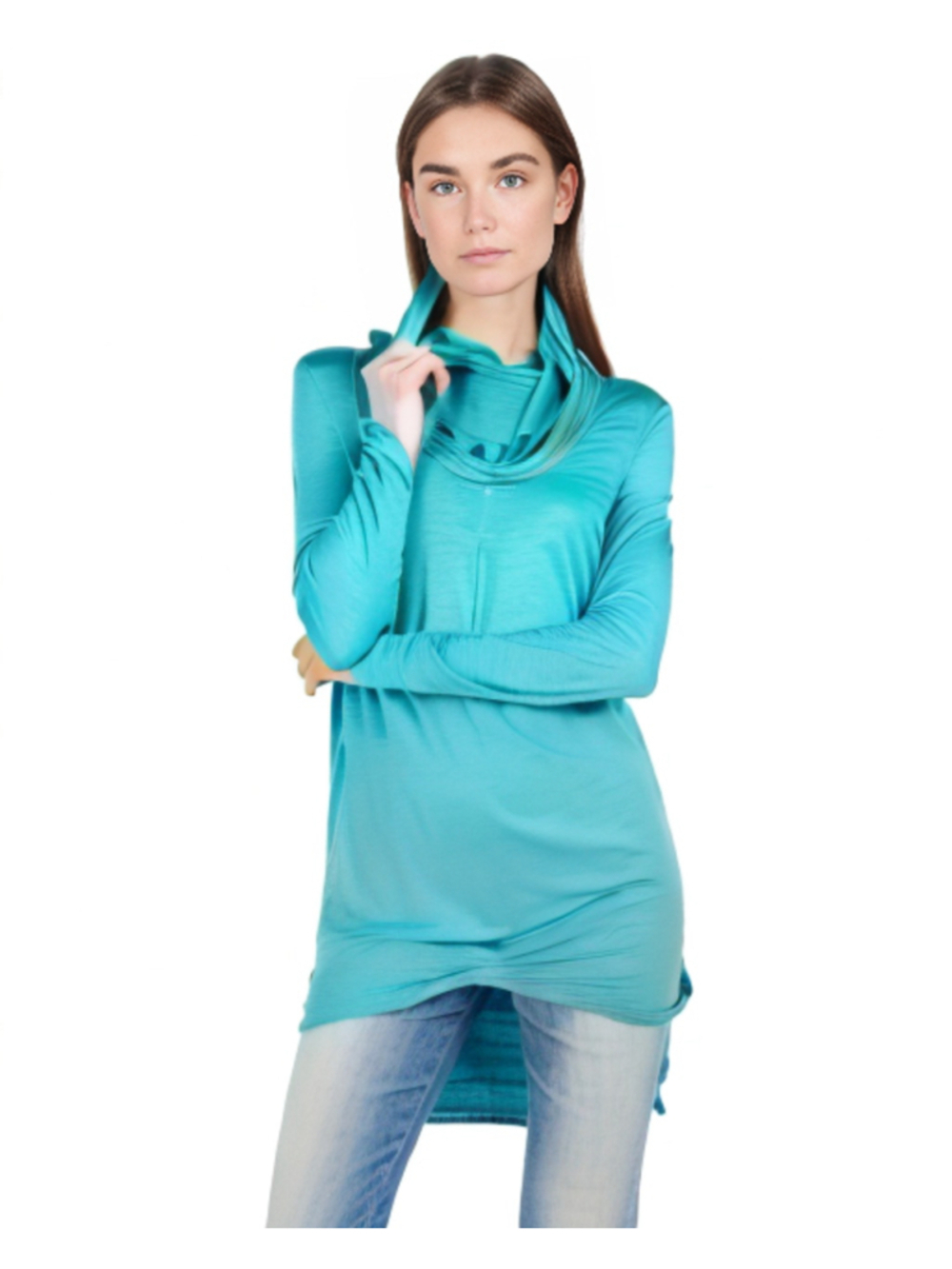 Neon Buddha Teal Green Cowlneck Tunic Sweater Turtleneck Earthy Lagenlook Cotton